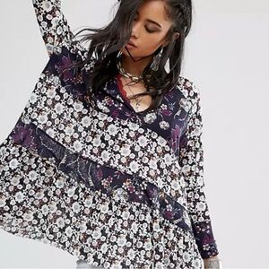 Free People Isabelle Floral Mixed Print Swing Tunic Bell Sleeve Top Blouse M